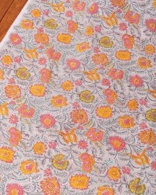 〔1m単位切り売り〕ジャイプル 職人手作り木版染め 色彩美しいボタニカルデザイン〔幅約112cm〕〔薄グリーン系 更紗柄〕 おしゃれ 生地 テーブルクロス 手芸素材などへ(MB-RSCLTH-1732)