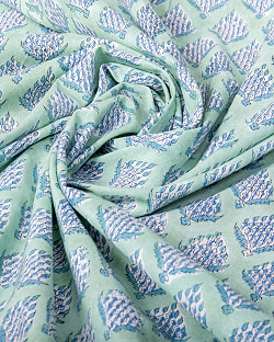 〔1m単位切り売り〕ジャイプル　職人手作り木版染め　色彩美しいボタニカルデザイン〔幅約106cm〕〔ミントグリーン系　小花柄〕　おしゃれ　生地　テーブルクロス　手芸素材などへ - サブ5