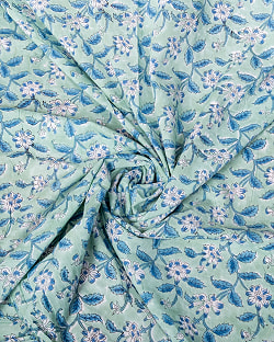 〔1m単位切り売り〕ジャイプル　職人手作り木版染め　色彩美しいボタニカルデザイン〔幅約106cm〕〔ミントグリーン系　更紗柄〕　おしゃれ　生地　テーブルクロス　手芸素材などへ - サブ4