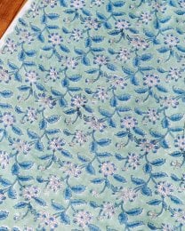 〔1m単位切り売り〕ジャイプル 職人手作り木版染め 色彩美しいボタニカルデザイン〔幅約106cm〕〔ミントグリーン系 更紗柄〕 おしゃれ 生地 テーブルクロス 手芸素材などへ