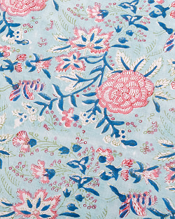 〔1m単位切り売り〕ジャイプル　職人手作り木版染め　色彩美しいボタニカルデザイン〔幅約107cm〕〔ミントブルー系　更紗柄〕　おしゃれ　生地　テーブルクロス　手芸素材などへ - サブ3