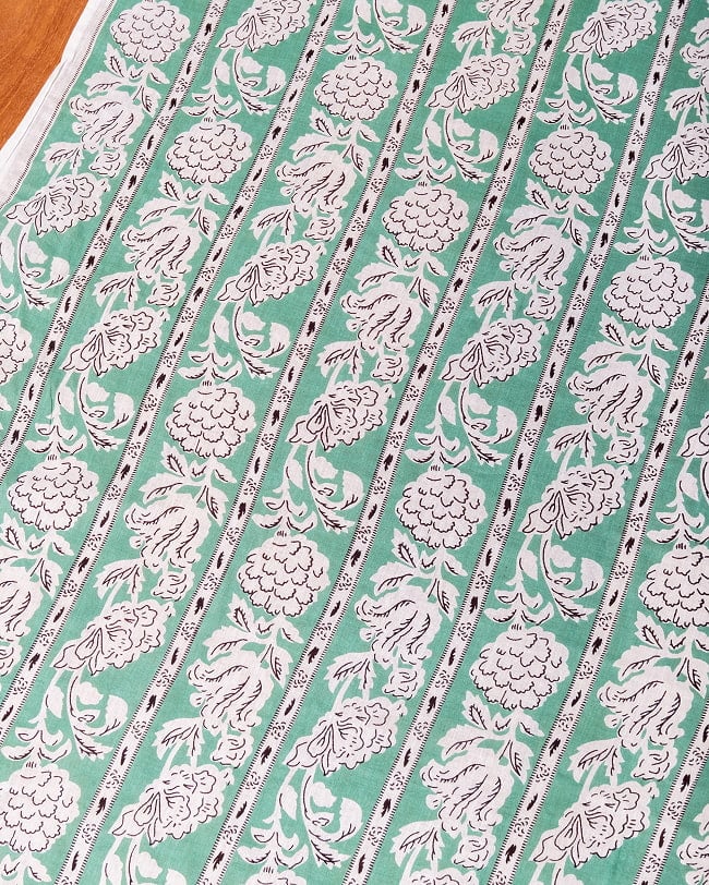 〔1m単位切り売り〕ジャイプル 職人手作り木版染め 色彩美しいボタニカルデザイン〔幅約111cm〕〔ミントグリーン系 更紗柄〕 おしゃれ 生地 テーブルクロス 手芸素材などへの写真