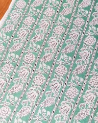 〔1m単位切り売り〕ジャイプル 職人手作り木版染め 色彩美しいボタニカルデザイン〔幅約111cm〕〔ミントグリーン系 更紗柄〕 おしゃれ 生地 テーブルクロス 手芸素材などへ