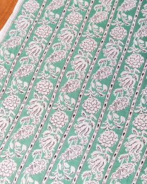 〔1m単位切り売り〕ジャイプル 職人手作り木版染め 色彩美しいボタニカルデザイン〔幅約111cm〕〔ミントグリーン系 更紗柄〕 おしゃれ 生地 テーブルクロス 手芸素材などへ