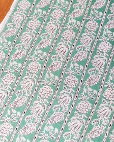 〔1m単位切り売り〕ジャイプル 職人手作り木版染め 色彩美しいボタニカルデザイン〔幅約111cm〕〔ミントグリーン系 更紗柄〕 おしゃれ 生地 テーブルクロス 手芸素材などへ(MB-RSCLTH-1737)