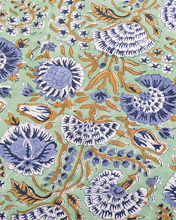 〔1m単位切り売り〕ジャイプル　職人手作り木版染め　色彩美しいボタニカルデザイン〔幅約108cm〕〔グリーン系　更紗柄〕　おしゃれ　生地　テーブルクロス　手芸素材などへ - サブ3