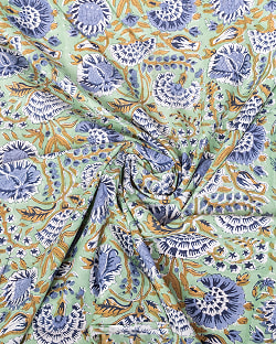 〔1m単位切り売り〕ジャイプル　職人手作り木版染め　色彩美しいボタニカルデザイン〔幅約108cm〕〔グリーン系　更紗柄〕　おしゃれ　生地　テーブルクロス　手芸素材などへ - サブ4