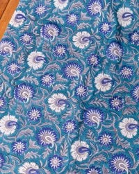 〔1m単位切り売り〕ジャイプル 職人手作り木版染め 色彩美しいボタニカルデザイン〔幅約108cm〕〔青緑系 更紗柄〕 おしゃれ 生地 テーブルクロス 手芸素材などへ