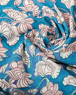 〔1m単位切り売り〕ジャイプル　職人手作り木版染め　色彩美しいボタニカルデザイン〔幅約108cm〕〔青緑系　ロータス柄〕　おしゃれ　生地　テーブルクロス　手芸素材などへ - サブ5