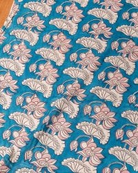 〔1m単位切り売り〕ジャイプル 職人手作り木版染め 色彩美しいボタニカルデザイン〔幅約108cm〕〔青緑系 ロータス柄〕 おしゃれ 生地 テーブルクロス 手芸素材などへ