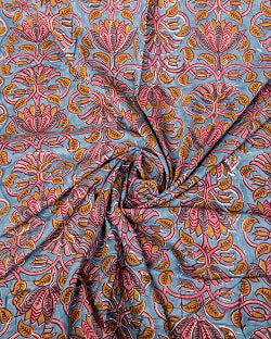 〔1m単位切り売り〕ジャイプル　職人手作り木版染め　色彩美しいボタニカルデザイン〔幅約110cm〕〔グレー系　更紗柄〕　おしゃれ　生地　テーブルクロス　手芸素材などへ - サブ4