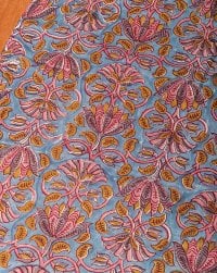 〔1m単位切り売り〕ジャイプル 職人手作り木版染め 色彩美しいボタニカルデザイン〔幅約110cm〕〔グレー系 更紗柄〕 おしゃれ 生地 テーブルクロス 手芸素材などへ