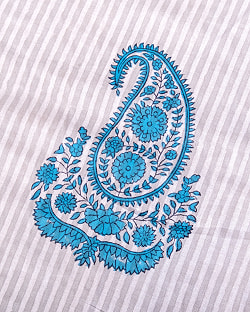 〔1m単位切り売り〕ジャイプル　職人手作り木版染め　色彩美しいボタニカルデザイン〔幅約109cm〕〔白×グレー×青系　ストライプペイズリー〕　おしゃれ　生地　テーブルクロス　手芸素材などへ - サブ3