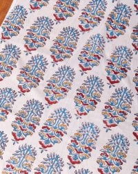 〔1m単位切り売り〕ジャイプル 職人手作り木版染め 色彩美しいボタニカルデザイン〔幅約109cm〕〔白×青×赤×橙系 更紗柄〕 おしゃれ 生地 テーブルクロス 手芸素材などへ