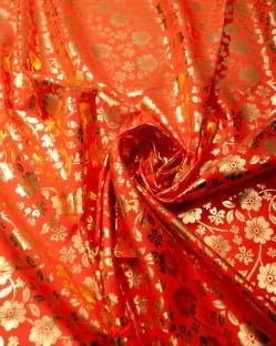 〔1m単位切り売り〕インドの伝統柄ゴールドプリント光沢布〔幅約100cm〕 - サブ3