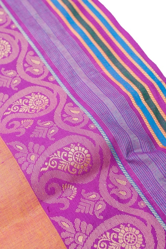 〔1m単位切り売り〕南インドのハーフボーダー・シンプル・コットン生地 - オレンジ×紫ペイズリー〔幅約110cm〕 3 - 片側には装飾ボーダーがついています。