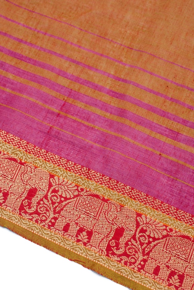 〔1m切り売り〕南インドのハーフボーダー・シンプル・コットン生地 - オレンジブラウン×赤象さん〔幅約110cm〕 3 - 片側には装飾ボーダーがついています。