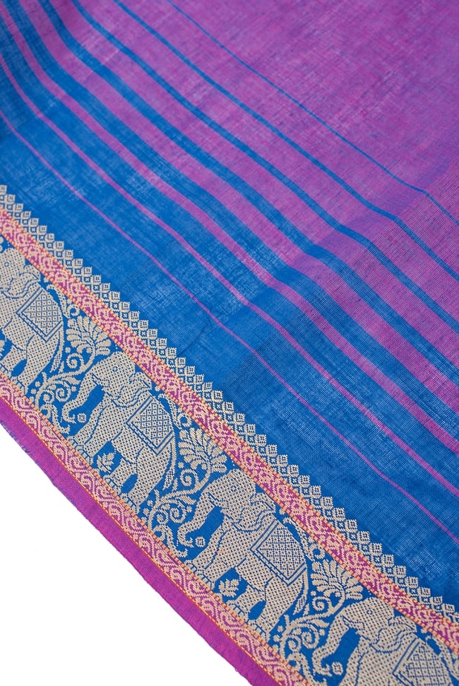 〔1m切り売り〕南インドのハーフボーダー・シンプル・コットン生地 - 紫×青象さん〔幅約110cm〕 3 - 片側には装飾ボーダーがついています。