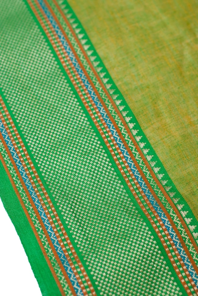 〔1m単位切り売り〕南インドのハーフボーダー・シンプル・コットン生地 - 黄緑×グリーン〔幅約108cm〕 の写真切り売り,量り売り布,アジア布 量り売り,手芸,裁縫,生地,アジアン,ファブリック