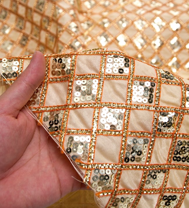 〔50cm切り売り〕インドのスパンコールクロス〔108cm〕 - ベージュ 5 - フチの写真です