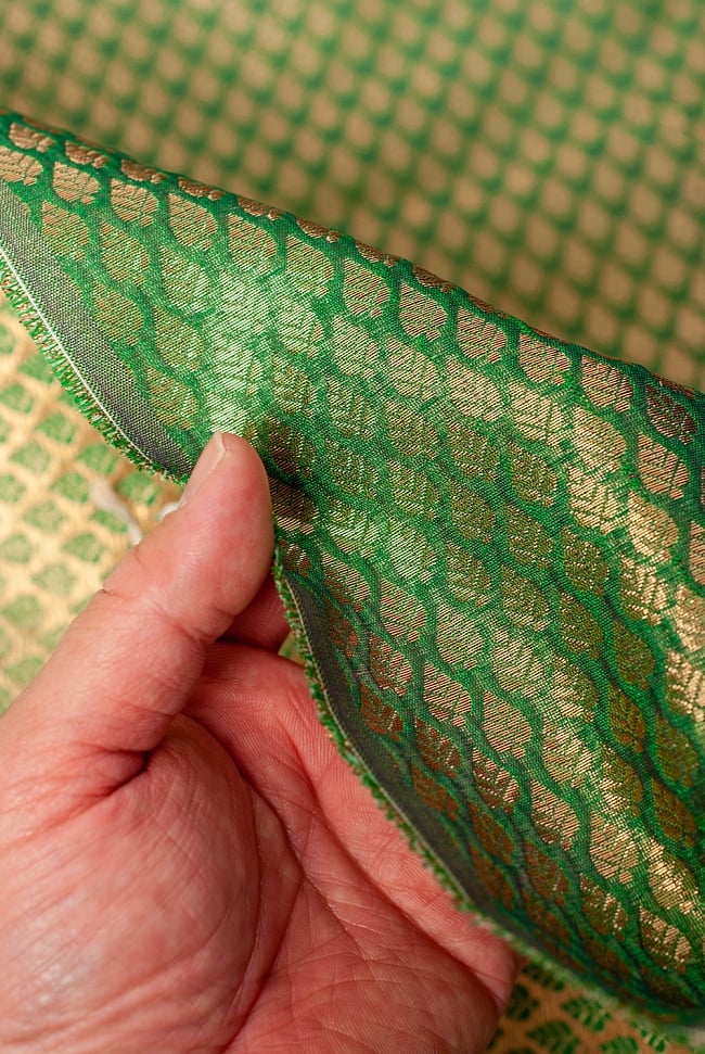 〔1m切り売り〕インドの伝統模様布 緑地に葉模様〔幅約108cm〕 5 - 薄手の布地です。