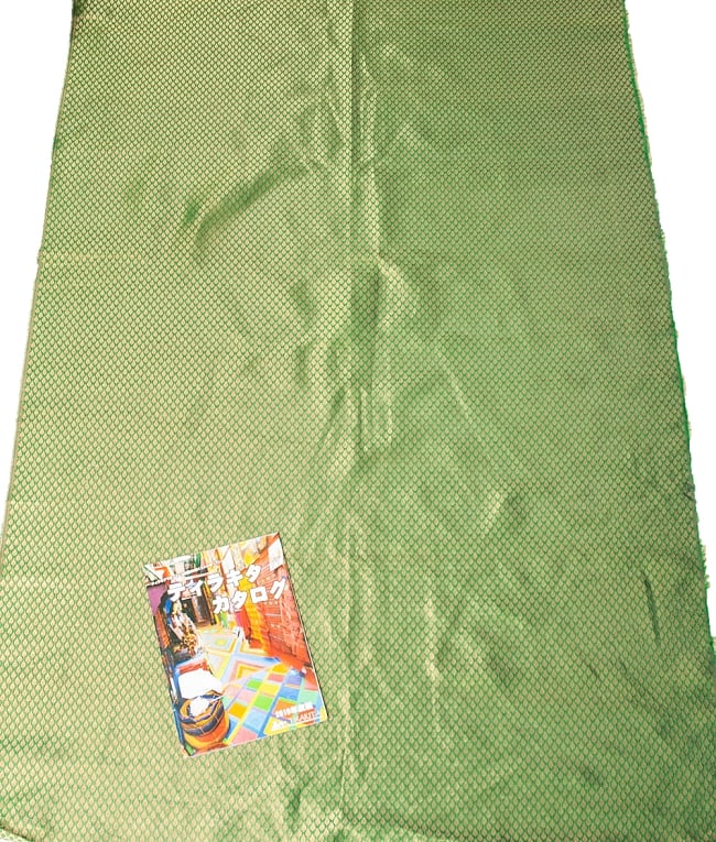 〔1m切り売り〕インドの伝統模様布 緑地に葉模様〔幅約108cm〕 7 - A４冊子と比較撮影しました。これくらいのサイズ感になります。