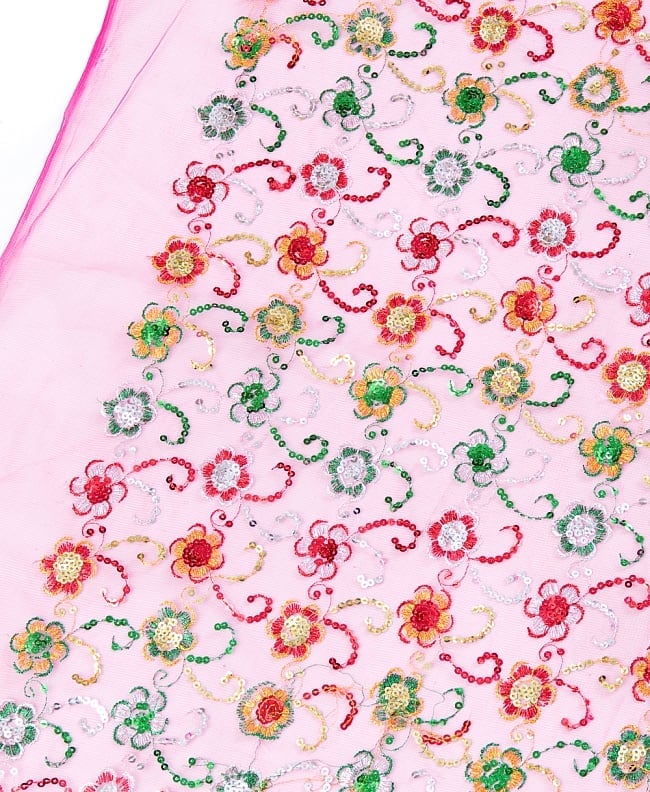 〔1m単位切り売り〕メッシュ生地の刺繍とスパンコールクロス〔幅約105cm〕 - ピンク 3 - 拡大写真です