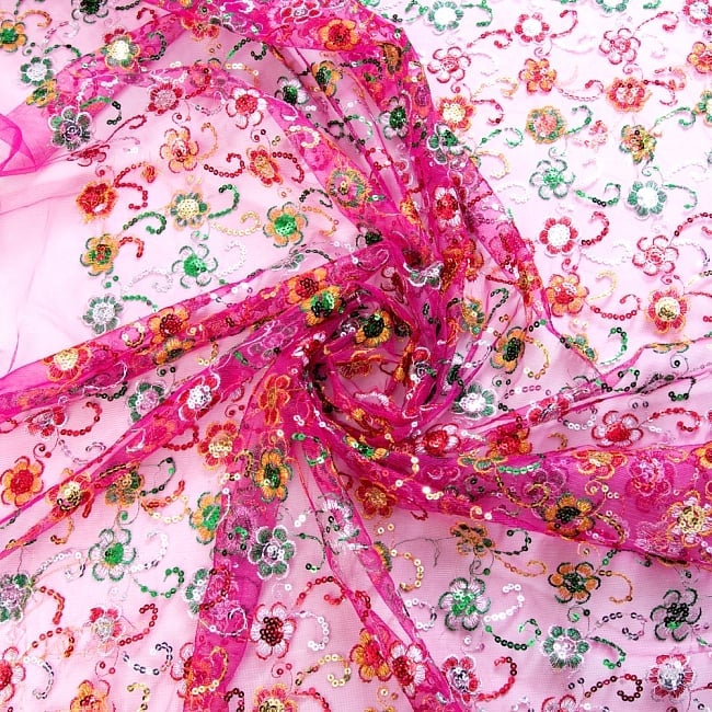 〔1m単位切り売り〕メッシュ生地の刺繍とスパンコールクロス〔幅約105cm〕 - ピンク 4 - 他にはない素敵な雰囲気の布