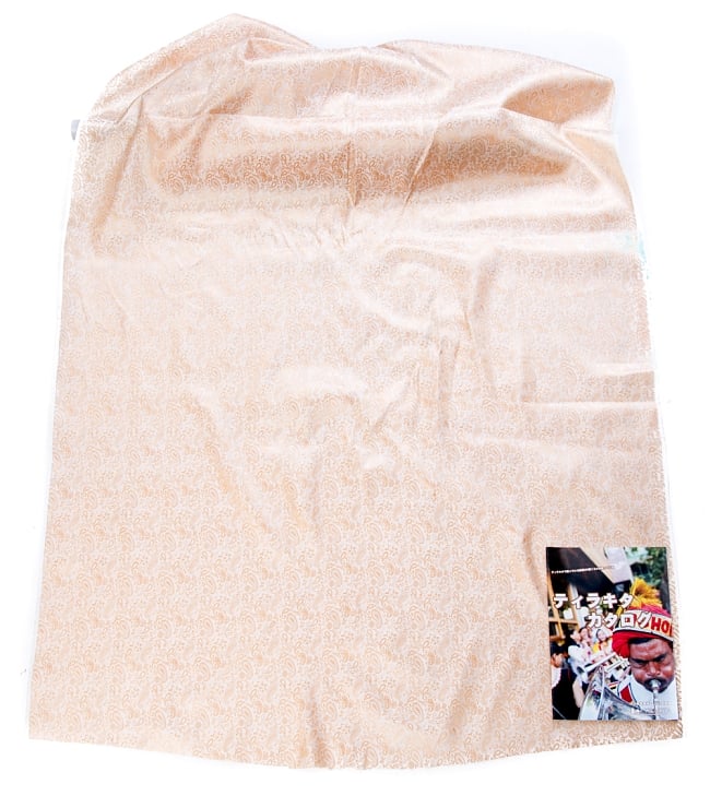 〔1m切り売り〕インドの伝統模様布〔幅約111cm〕 - シャンパン 2 - 布を広げてみたところです。横幅もしっかり大きなサイズ。布の上に置かれているのはサイズ比較用の当店A4サイズカタログです。