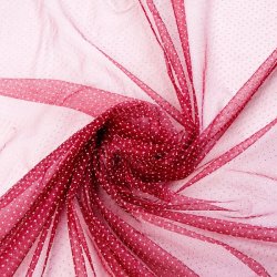 〔1m単位切り売り〕ゴールドドットプリントのメッシュ生地布〔112cm〕 - えんじの商品写真