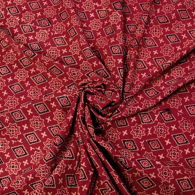 〔1m切り売り〕伝統息づく南インドから　昔ながらの木版染め伝統模様布〔114cm〕 - えんじ 3 - 陰影によっても表情が変わります