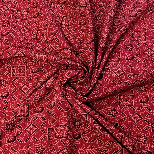 〔1m切り売り〕伝統息づく南インドから　昔ながらの木版染め伝統模様布〔117cm〕 - えんじ 3 - 陰影によっても表情が変わります