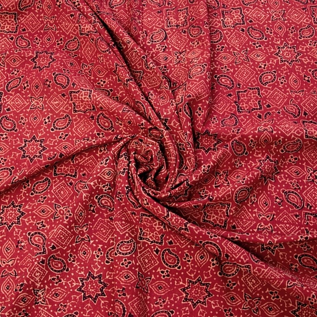 〔1m切り売り〕伝統息づく南インドから　昔ながらの木版染めアジュラックデザインの伝統模様布〔114cm〕 - えんじ 3 - 陰影によっても表情が変わります