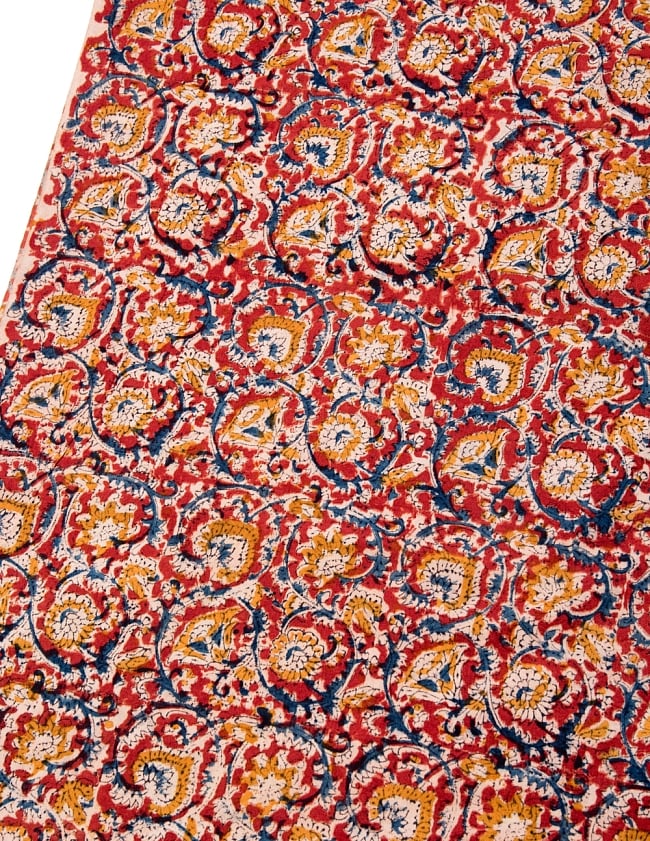 〔1m切り売り〕伝統息づく南インドから　昔ながらの木版染め更紗模様布〔118cm〕 - 赤×紺×黄 2 - とても素敵な雰囲気です