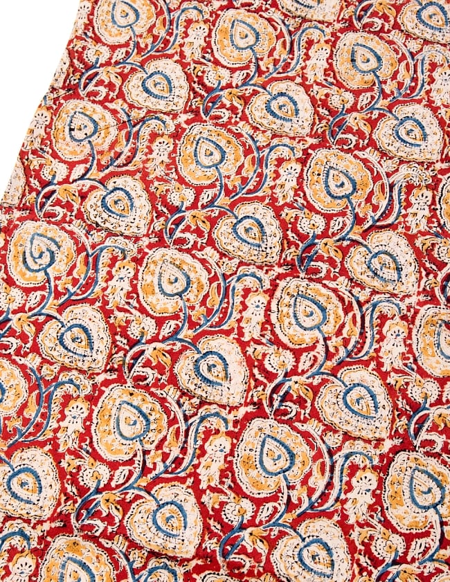 〔1m切り売り〕伝統息づく南インドから　昔ながらの木版染め更紗模様布〔117cm〕 - 赤×紺×黄 2 - とても素敵な雰囲気です