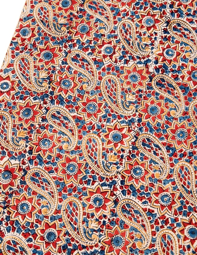 〔1m切り売り〕伝統息づく南インドから　昔ながらの木版染めペイズリー柄布〔116cm〕 - 赤×紺×黄 2 - とても素敵な雰囲気です