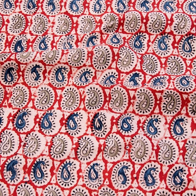 〔1m切り売り〕伝統息づく南インドから　昔ながらの木版染めペイズリー柄布〔118cm〕 - 赤×紺×緑の写真1枚目です。木版で丁寧にプリント。インドらしい味わいのある布地です。ウッドブロック,木版染め,ボタニカル,唐草模様,切り売り,量り売り布,アジア布 量り売り,手芸,生地
