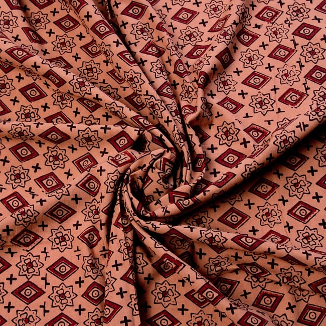 〔1m切り売り〕伝統息づく南インドから　昔ながらの木版染め伝統模様布〔113cm〕 - ブラウン系 3 - 陰影によっても表情が変わります