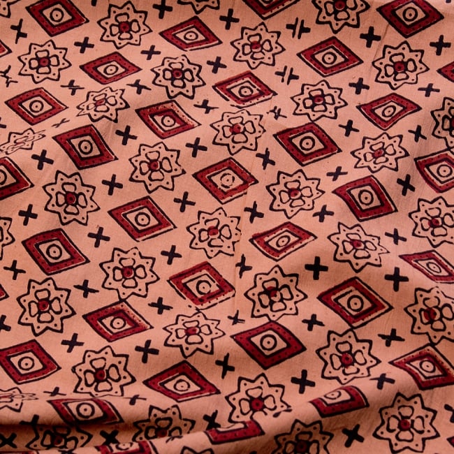 〔1m切り売り〕伝統息づく南インドから　昔ながらの木版染め伝統模様布〔113cm〕 - ブラウン系の写真1枚目です。木版で丁寧にプリント。インドらしい味わいのある布地です。ウッドブロック,木版染め,ボタニカル,唐草模様,切り売り,量り売り布,アジア布 量り売り,手芸,生地