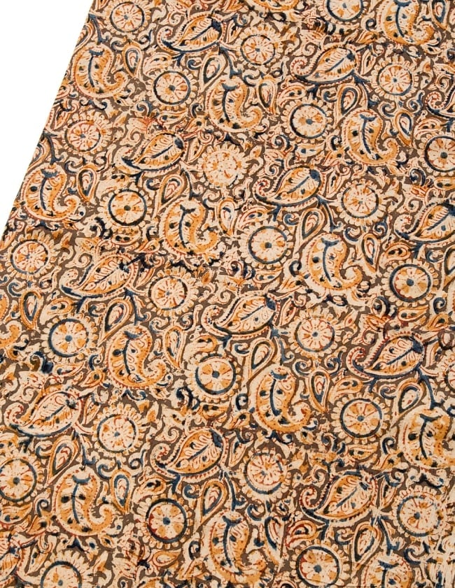 〔1m切り売り〕伝統息づく南インドから　昔ながらの木版染め更紗模様布〔110cm〕 - カーキ×青×黄 2 - とても素敵な雰囲気です