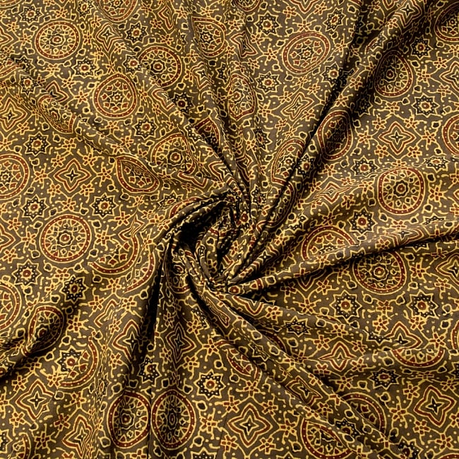 〔1m切り売り〕伝統息づく南インドから　昔ながらの木版染めアジュラックデザインの伝統模様布〔114cm〕 - カーキ 3 - 陰影によっても表情が変わります