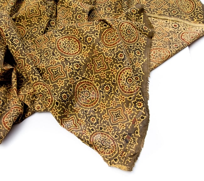 〔1m切り売り〕伝統息づく南インドから　昔ながらの木版染めアジュラックデザインの伝統模様布〔114cm〕 - カーキ 4 - 縁の写真です
