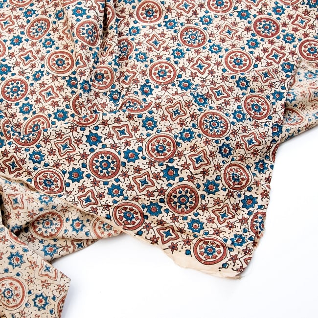 〔1m切り売り〕伝統息づく南インドから　昔ながらの木版染めアジュラックデザインの伝統模様布〔113cm〕 - 生成り 4 - 縁の写真です