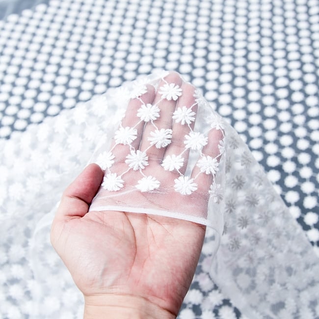 [インド品質]〔1m単位切り売り〕伝統模様刺繍のメッシュ生地布〔106cm〕 5 - 手にとってみました。薄手の生地です。