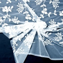 〔50cm切り売り〕フラワー刺繍のメッシュ シースルー生地布〔120cm〕 - ホワイト=D12〔116cm〕