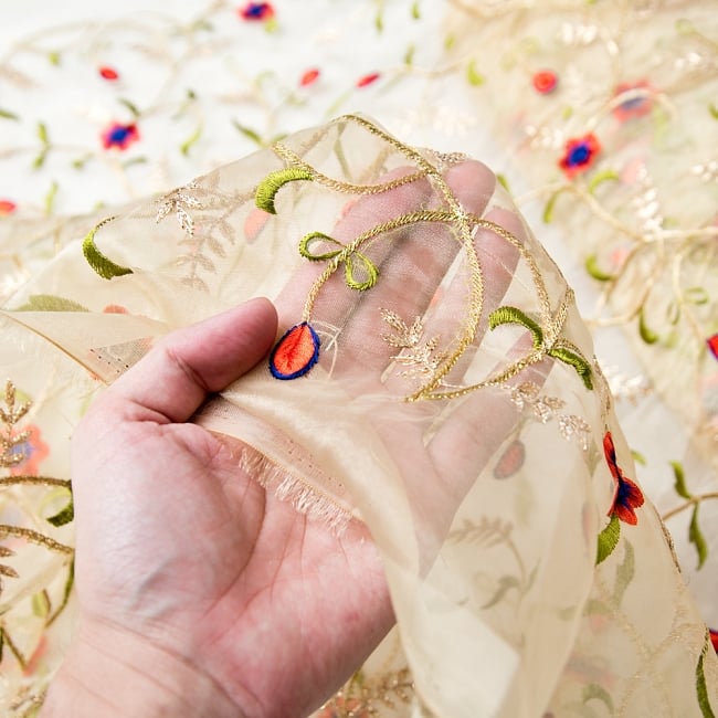 〔1m単位切り売り〕伝統模様刺繍のメッシュ生地布110cm 5 - 手にとってみました。薄手の生地です。