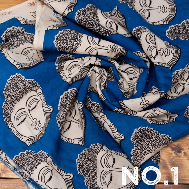 〔1m切り売り〕インドの伝統と不思議が融合　おもしろデザイン布〔115cm〕 - 全面ブッダ顔大 9 - 【No.1】ブルー