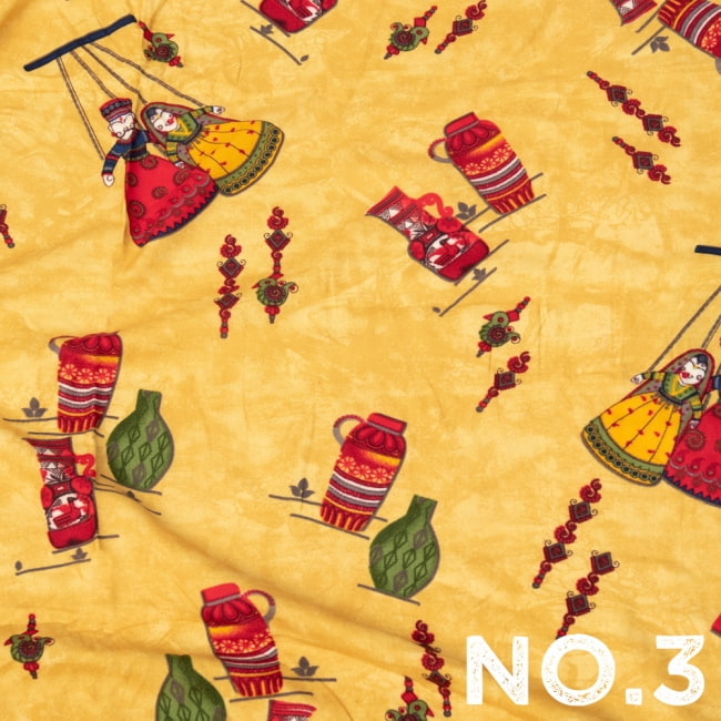 〔1m切り売り〕インドの伝統と不思議が融合　おもしろデザイン布〔109cm〕 - カトプトリ　ラジャスタンの操り人形 11 - 【No.3】イエロー