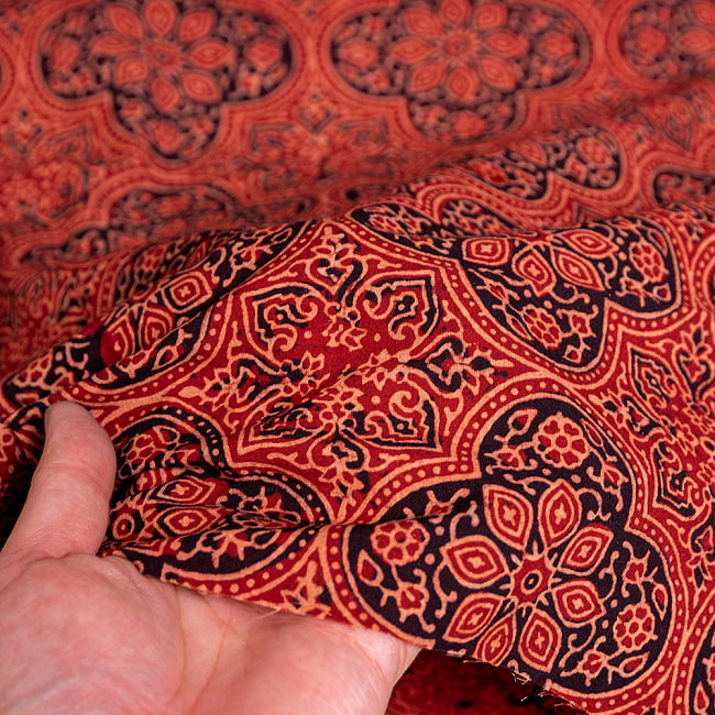 〔約3.8m 長尺布】伝統息づくインドから　昔ながらの木版染めアジュラックデザインの伝統模様布〔横幅：約111cm〕 6 - 生地の拡大写真です