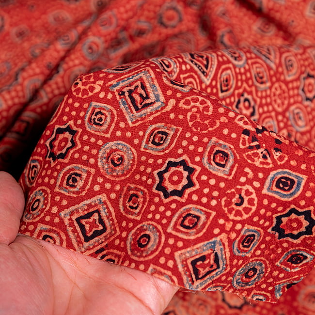 〔約3.8m 長尺布】伝統息づくインドから　昔ながらの木版染めアジュラックデザインの伝統模様布〔横幅：約110cm〕 6 - 生地の拡大写真です